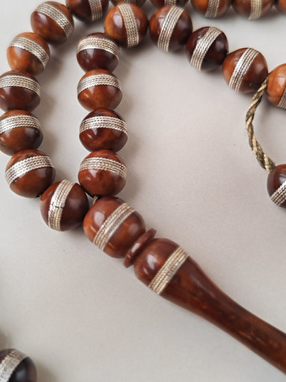 Antique Kokka Seed Wood Tasbih | 99 Round Beads | 8mm | Silver Rings | 2000 Prayer Extensions