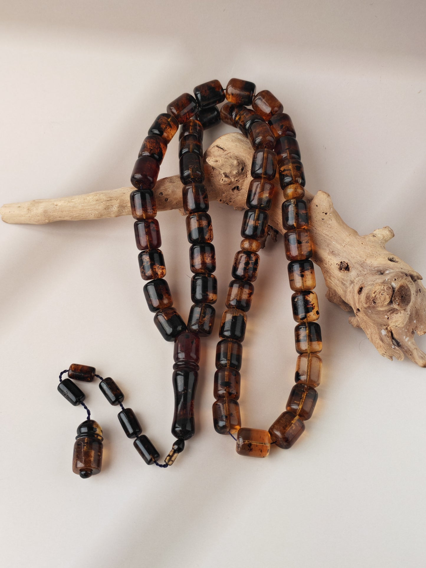 Dominican Blue Amber Tasbih | 45 Barrel Beads | Amber Tassel | 66.5g
