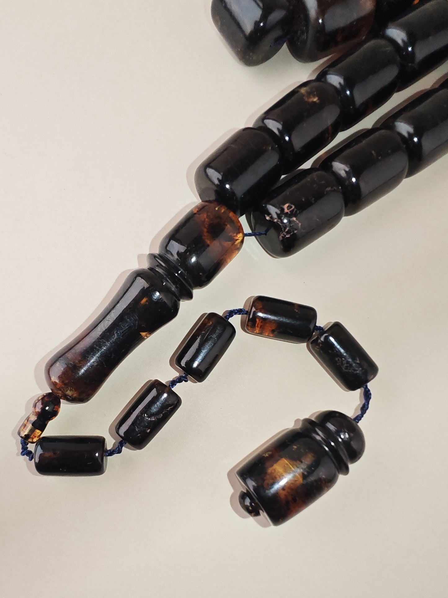 Dominican Blue Amber Tasbih | 45 Barrel Beads | Amber Tassel | 68g