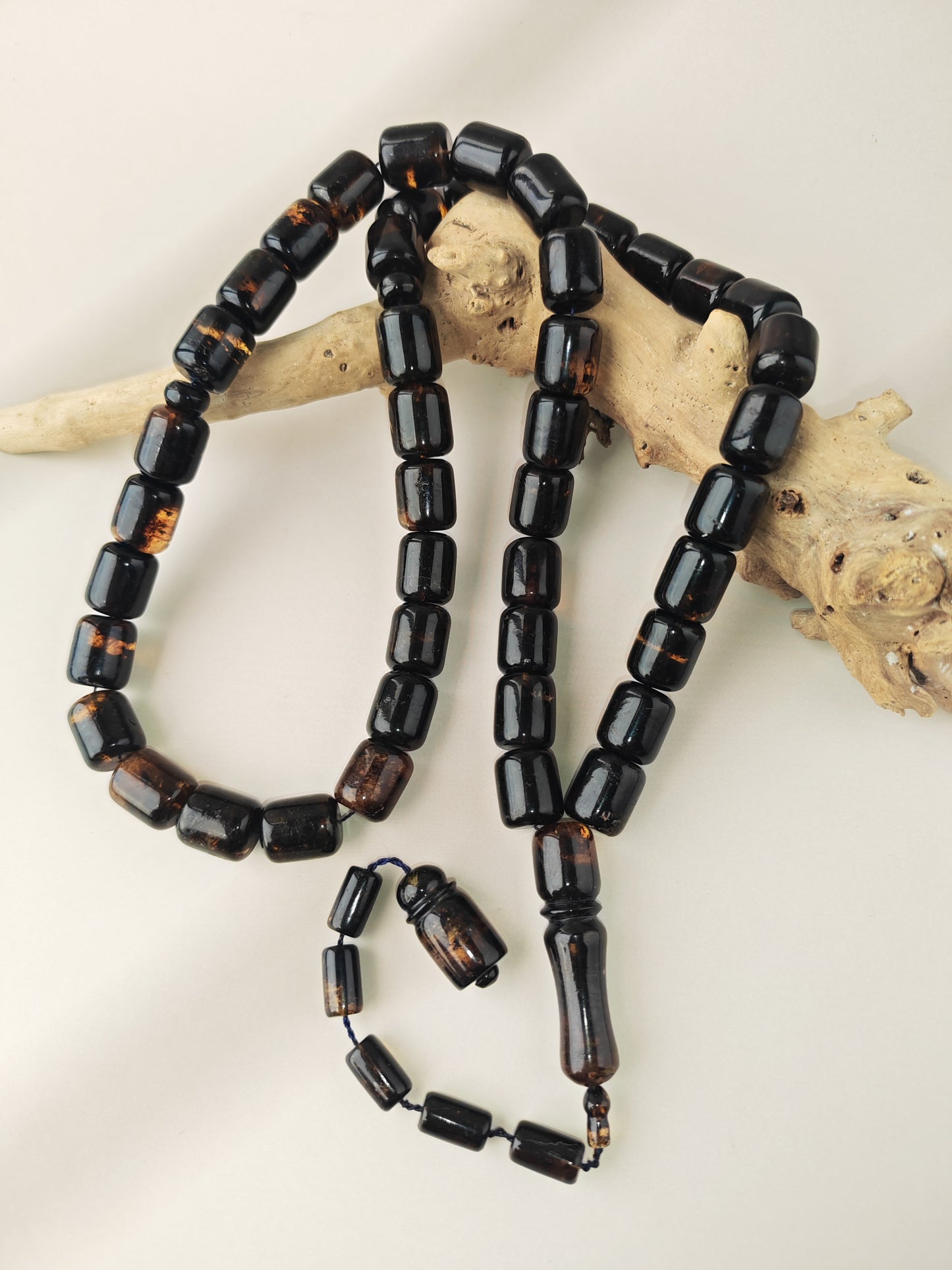 Dominican Blue Amber Tasbih | 45 Barrel Beads | Amber Tassel | 68g