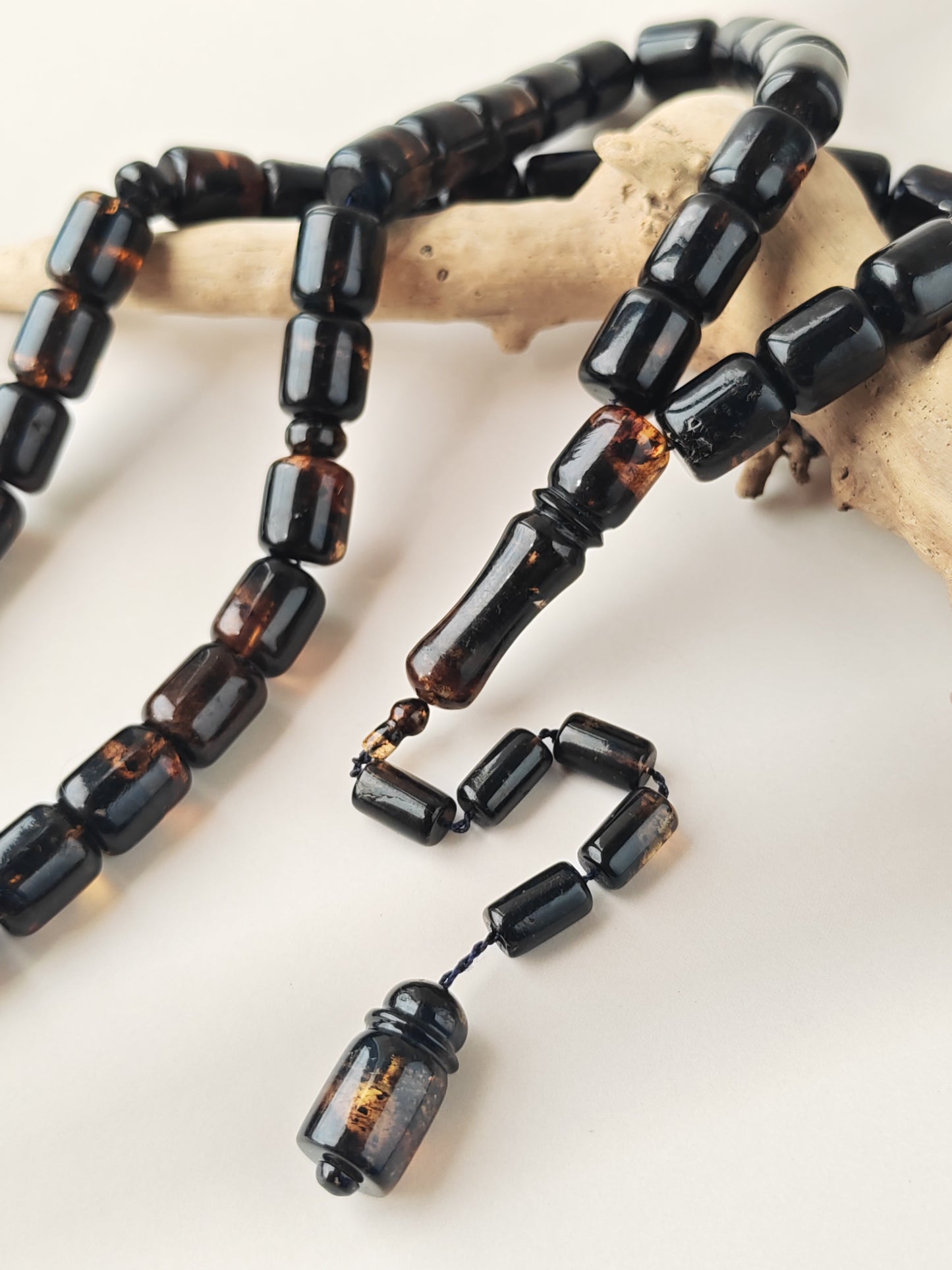 Dominican Blue Amber Tasbih | 45 Barrel Beads | Amber Tassel | 68g