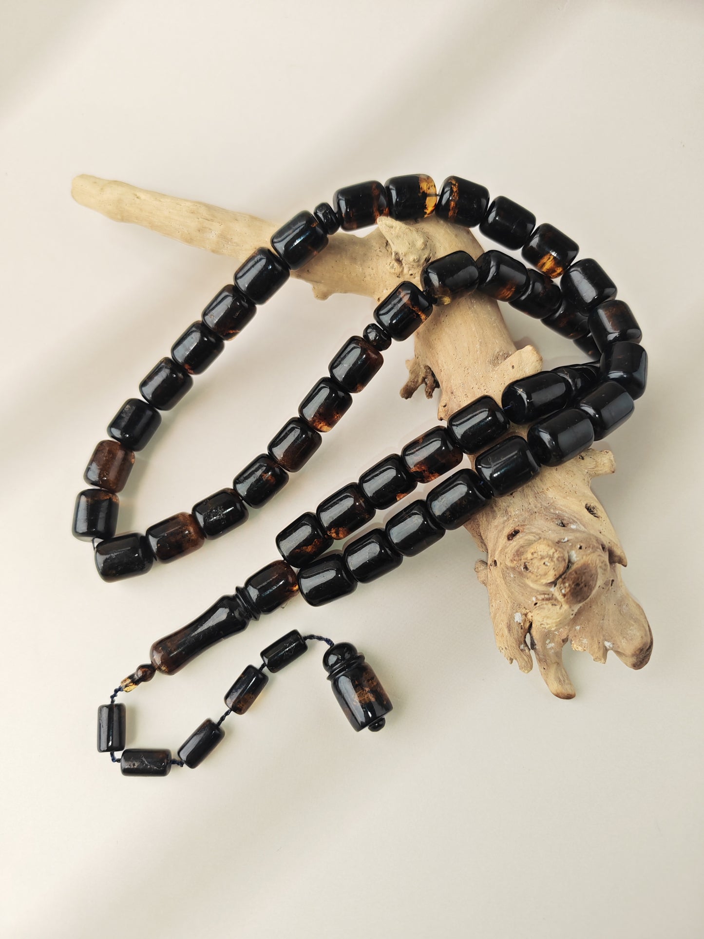 Dominican Blue Amber Tasbih | 45 Barrel Beads | Amber Tassel | 68g