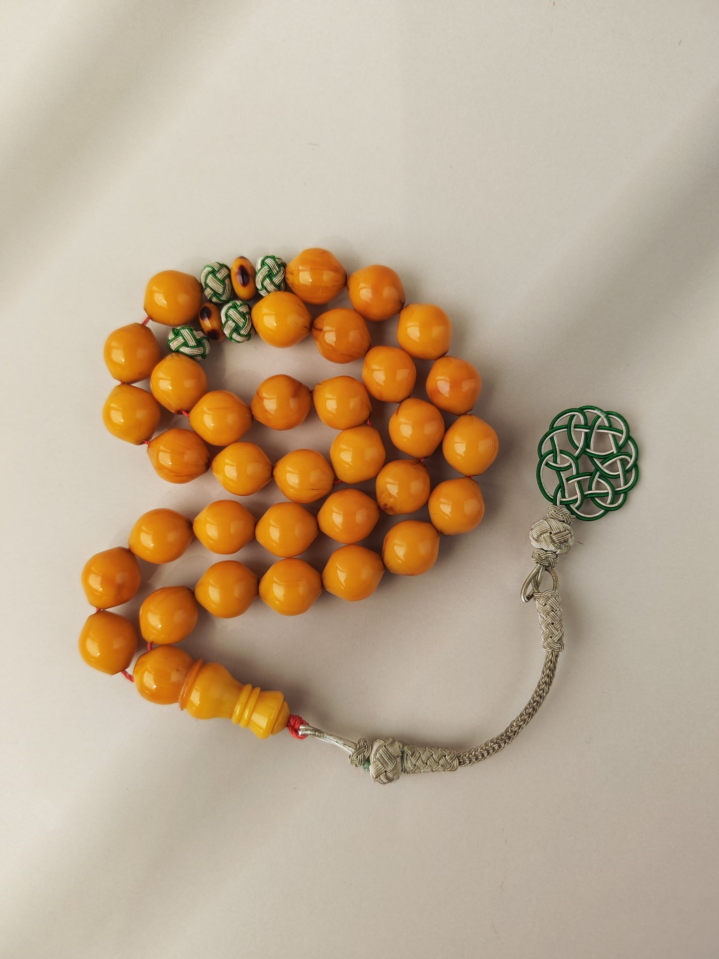 Antique & Rare Yellow & Red Vein Belgian Bakelite Tasbih | 33 Istanbul Shape Beads | Silver 1000 | Egyptian Master | 53g