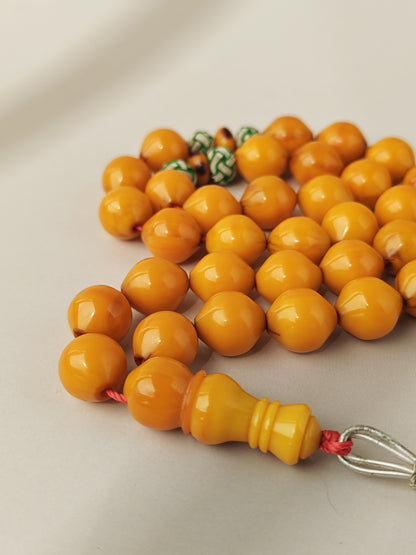 Antique & Rare Yellow & Red Vein Belgian Bakelite Tasbih | 33 Istanbul Shape Beads | Silver 1000 | Egyptian Master | 53g