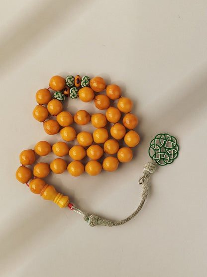 Antique & Rare Yellow & Red Vein Belgian Bakelite Tasbih | 33 Istanbul Shape Beads | Silver 1000 | Egyptian Master | 53g