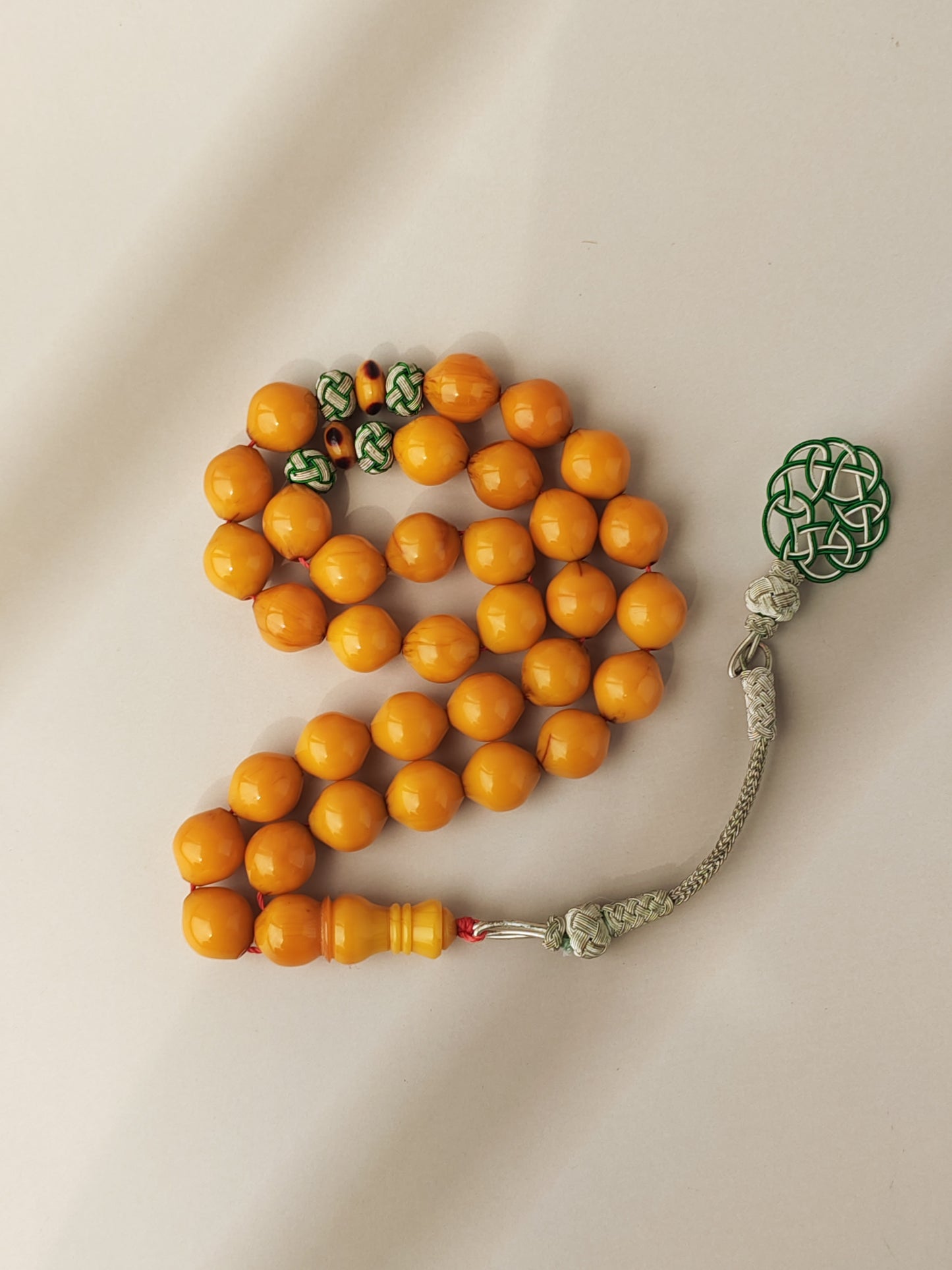 Antique & Rare Yellow & Red Vein Belgian Bakelite Tasbih | 33 Istanbul Shape Beads | Silver 1000 | Egyptian Master | 53g