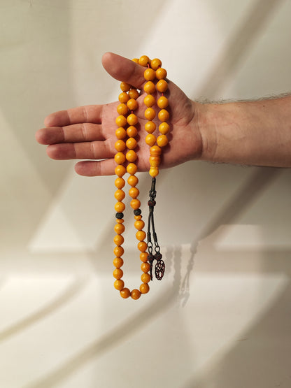Yellow & Red Vein Belgian Bakelite Tasbih | 55 Istanbul Beads | Silver 1000 | Egyptian Master | 84g