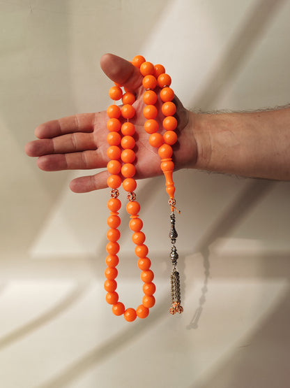 Neon Orange American Bakelite Tasbih | 51 Round Beads | 15.2mm Jumbo | Bowling Ball Origin | 139.3g
