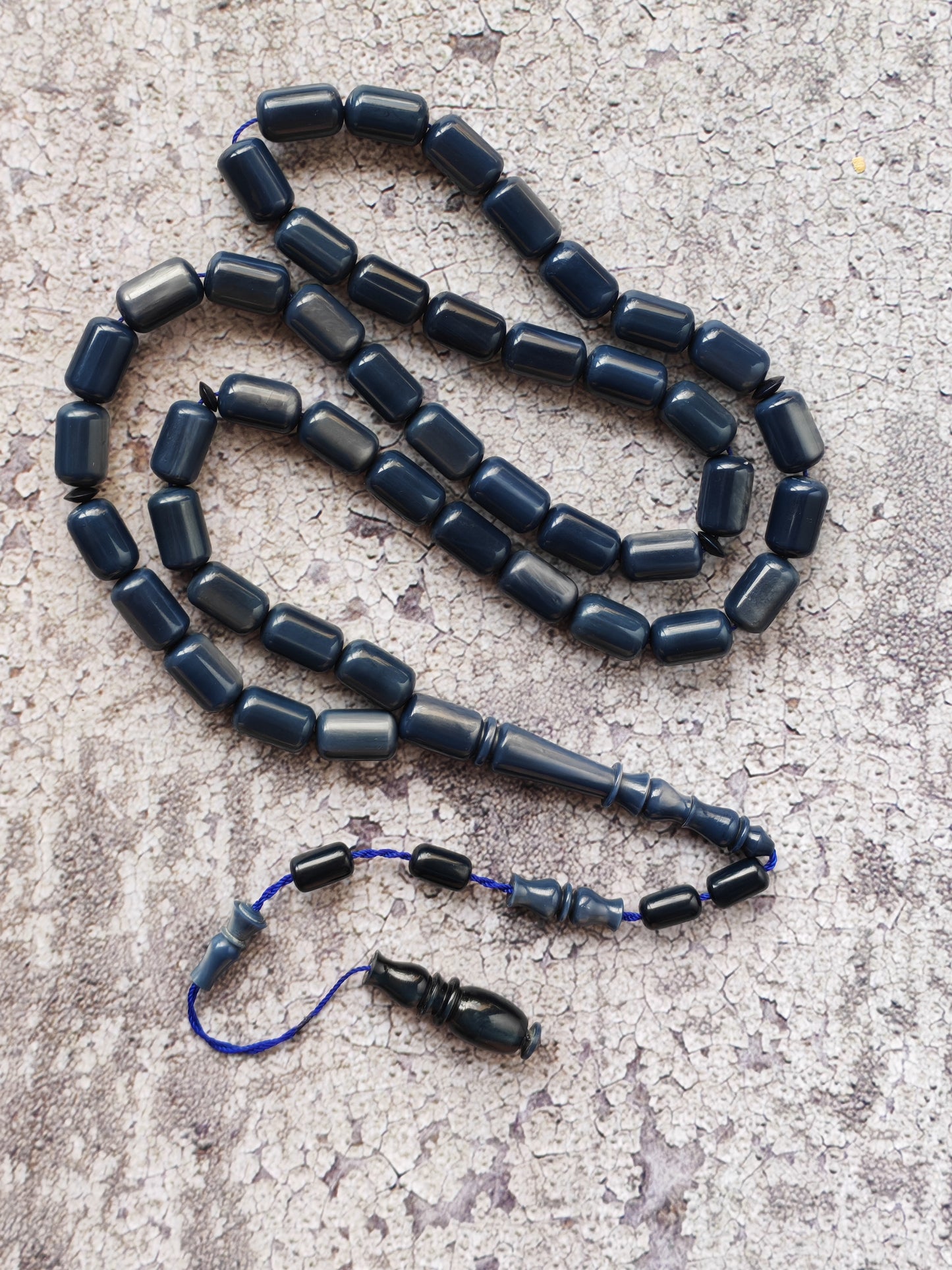 French Galalith Tasbih – 45 Barrel Beads | Two Tones Navy Blue & Metallic Grey