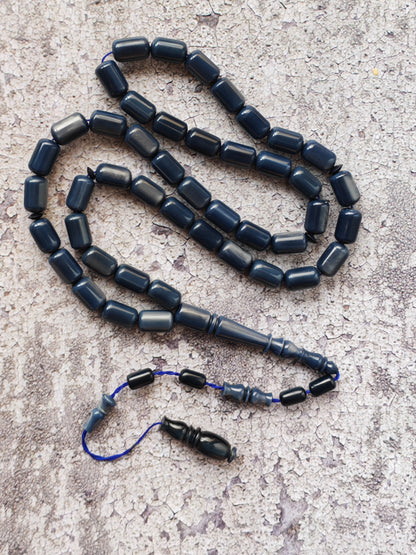 French Galalith Tasbih – 45 Barrel Beads | Two Tones Navy Blue & Metallic Grey