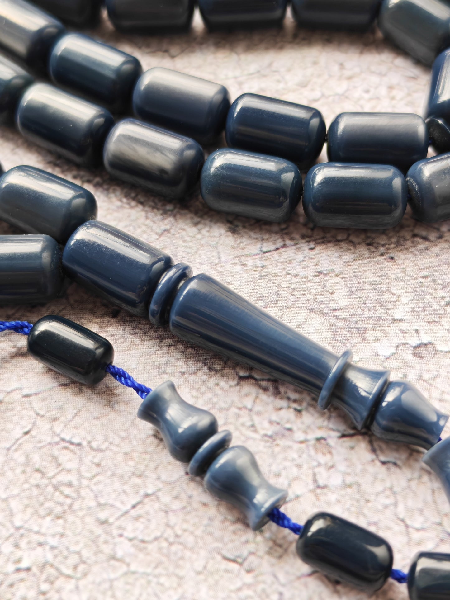 French Galalith Tasbih – 45 Barrel Beads | Two Tones Navy Blue & Metallic Grey