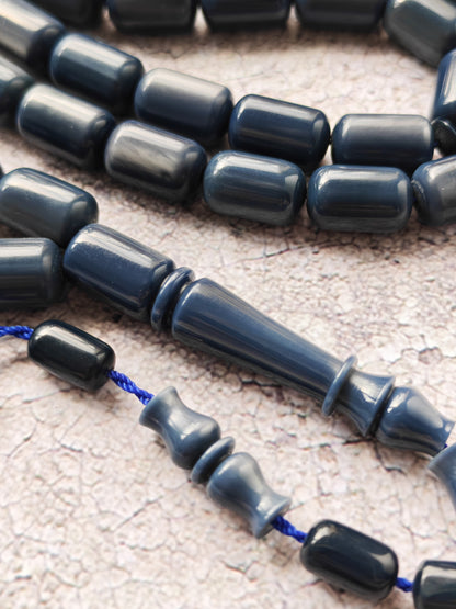 French Galalith Tasbih – 45 Barrel Beads | Two Tones Navy Blue & Metallic Grey