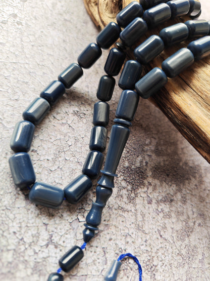 French Galalith Tasbih – 45 Barrel Beads | Two Tones Navy Blue & Metallic Grey