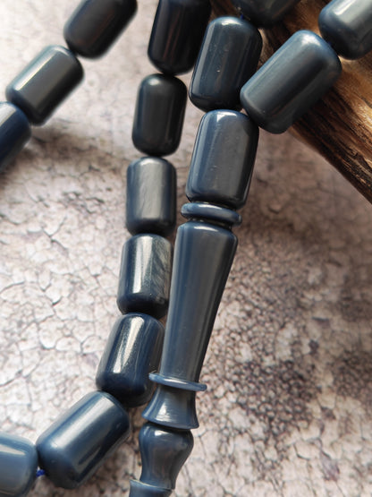 French Galalith Tasbih – 45 Barrel Beads | Two Tones Navy Blue & Metallic Grey