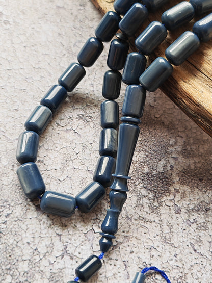 French Galalith Tasbih – 45 Barrel Beads | Two Tones Navy Blue & Metallic Grey