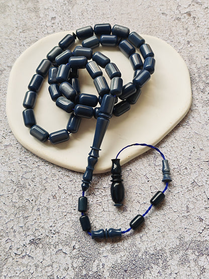 French Galalith Tasbih – 45 Barrel Beads | Two Tones Navy Blue & Metallic Grey
