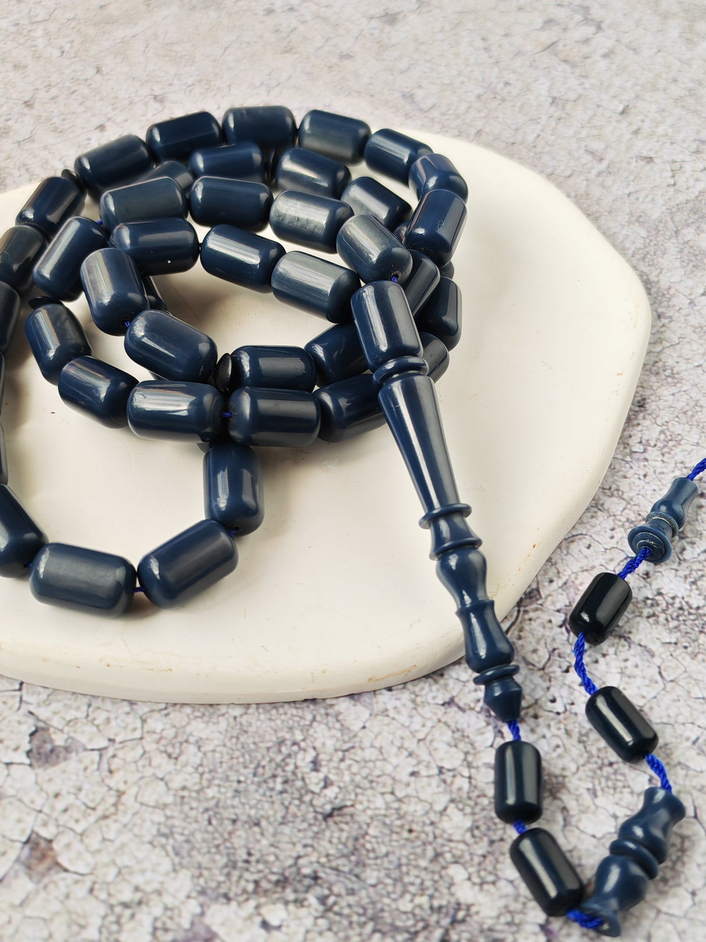 French Galalith Tasbih – 45 Barrel Beads | Two Tones Navy Blue & Metallic Grey