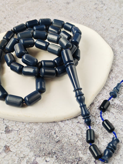 French Galalith Tasbih – 45 Barrel Beads | Two Tones Navy Blue & Metallic Grey