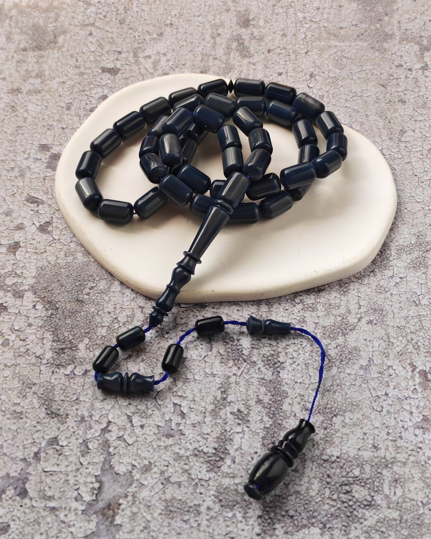 French Galalith Tasbih – 45 Barrel Beads | Two Tones Navy Blue & Metallic Grey