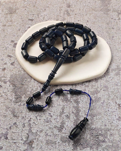 French Galalith Tasbih – 45 Barrel Beads | Two Tones Navy Blue & Metallic Grey