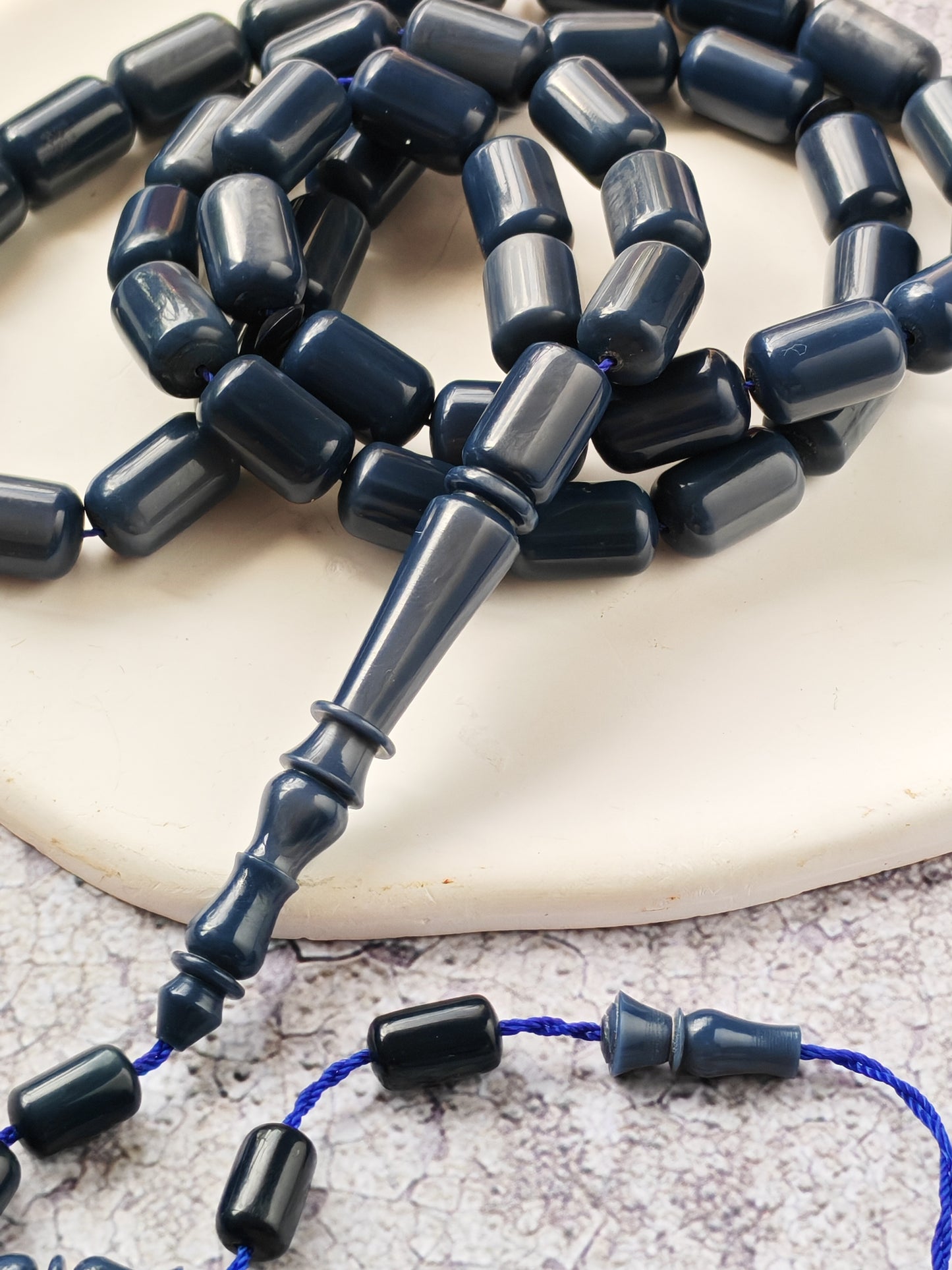 French Galalith Tasbih – 45 Barrel Beads | Two Tones Navy Blue & Metallic Grey