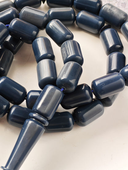 French Galalith Tasbih – 45 Barrel Beads | Two Tones Navy Blue & Metallic Grey