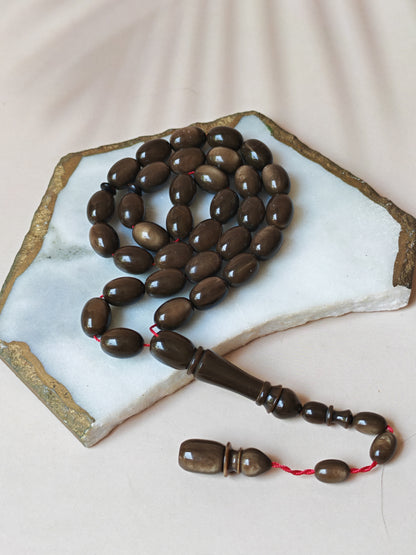French Galalith Tasbih – 33 Olive Beads | Brown Finish | Good For Daily Use