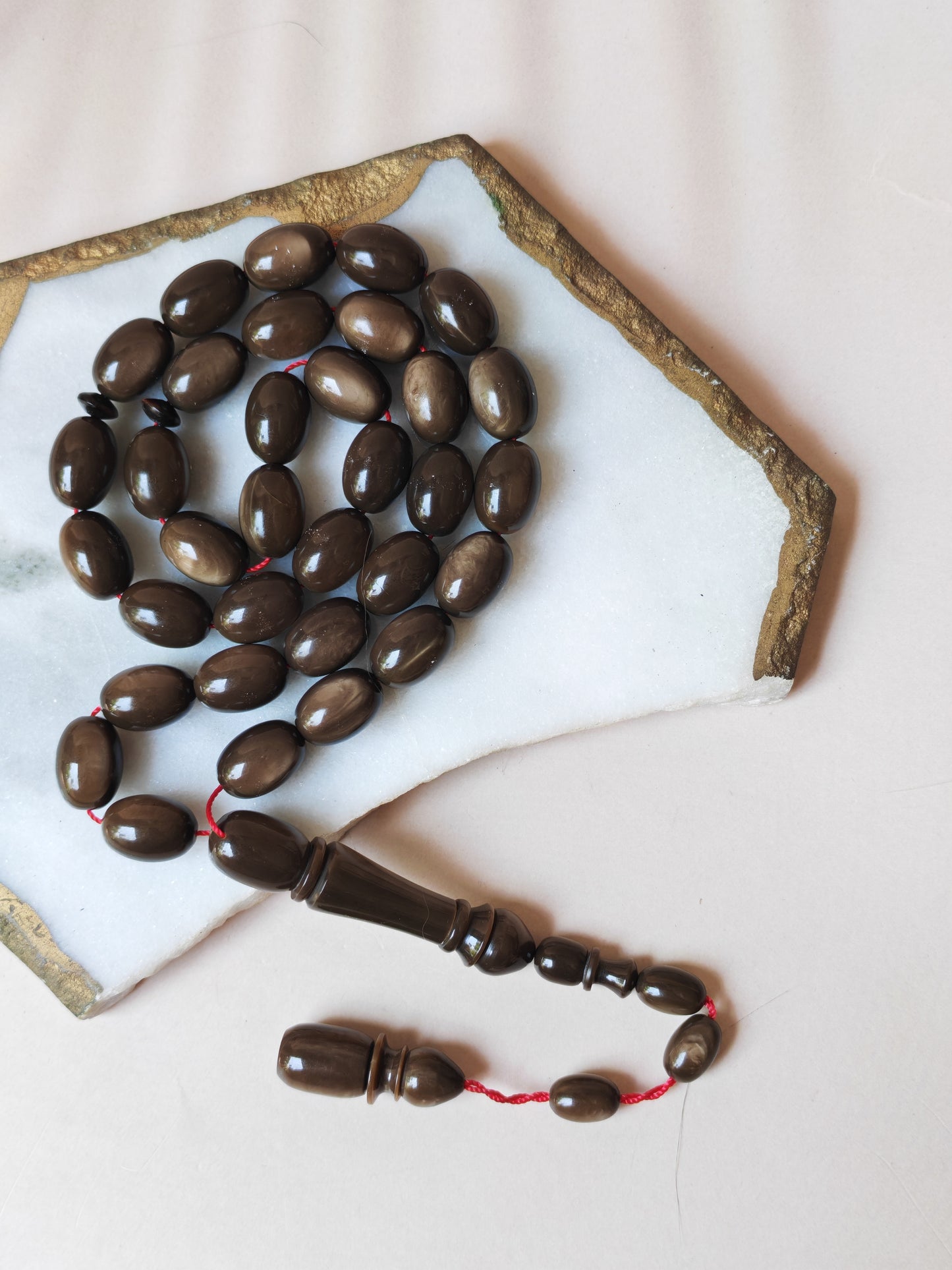 French Galalith Tasbih – 33 Olive Beads | Brown Finish | Good For Daily Use