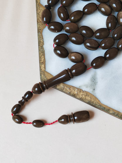 French Galalith Tasbih – 33 Olive Beads | Brown Finish | Good For Daily Use