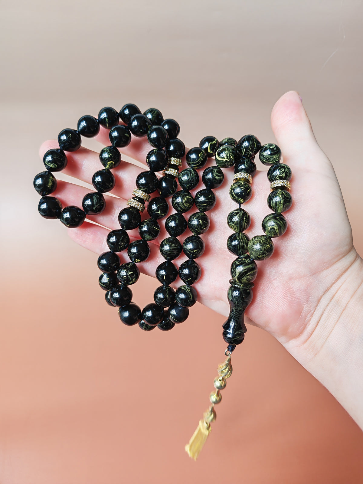Rare Collectible American Bakelite Tasbih – 63 Istanbul Beads | Black With Aged White Veins