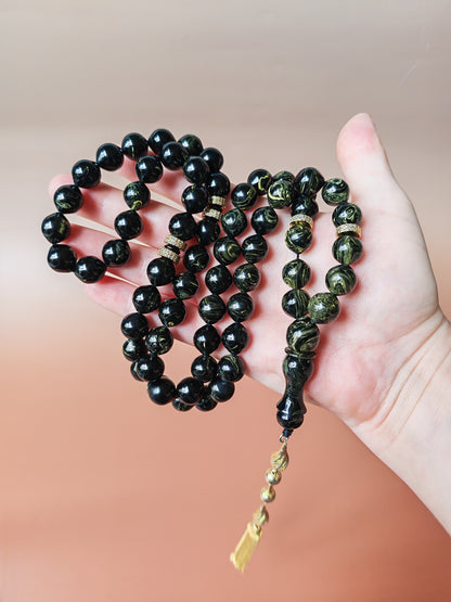 Rare Collectible American Bakelite Tasbih – 63 Istanbul Beads | Black With Aged White Veins