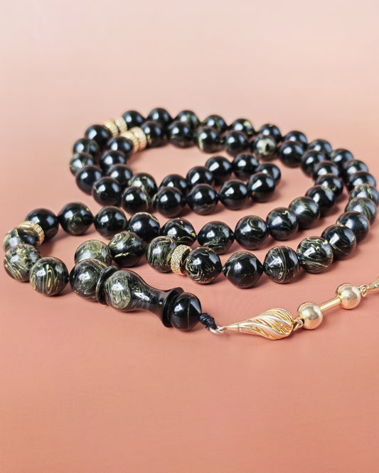 Rare Collectible American Bakelite Tasbih – 63 Istanbul Beads | Black With Aged White Veins
