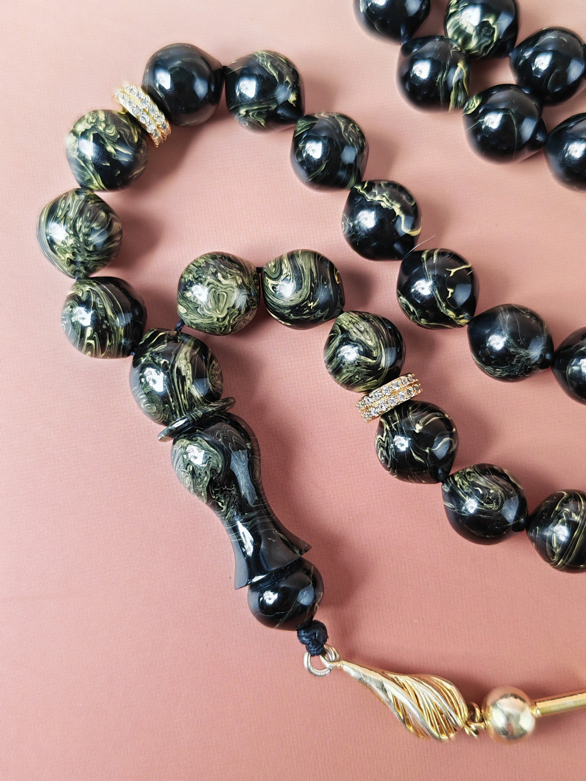 Rare Collectible American Bakelite Tasbih – 63 Istanbul Beads | Black With Aged White Veins