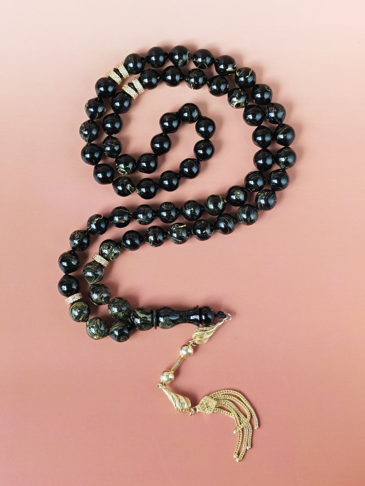 Rare Collectible American Bakelite Tasbih – 63 Istanbul Beads | Black With Aged White Veins