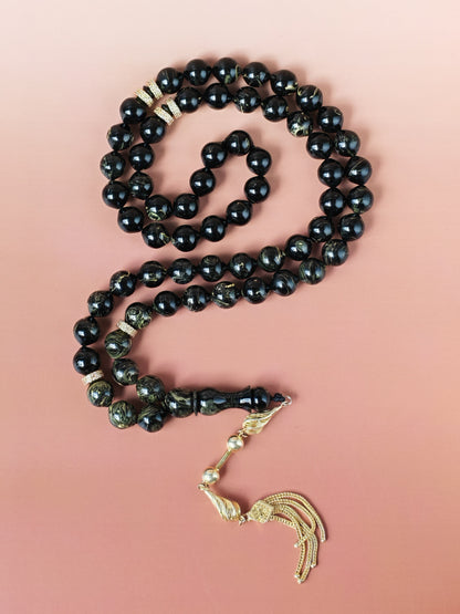 Rare Collectible American Bakelite Tasbih – 63 Istanbul Beads | Black With Aged White Veins
