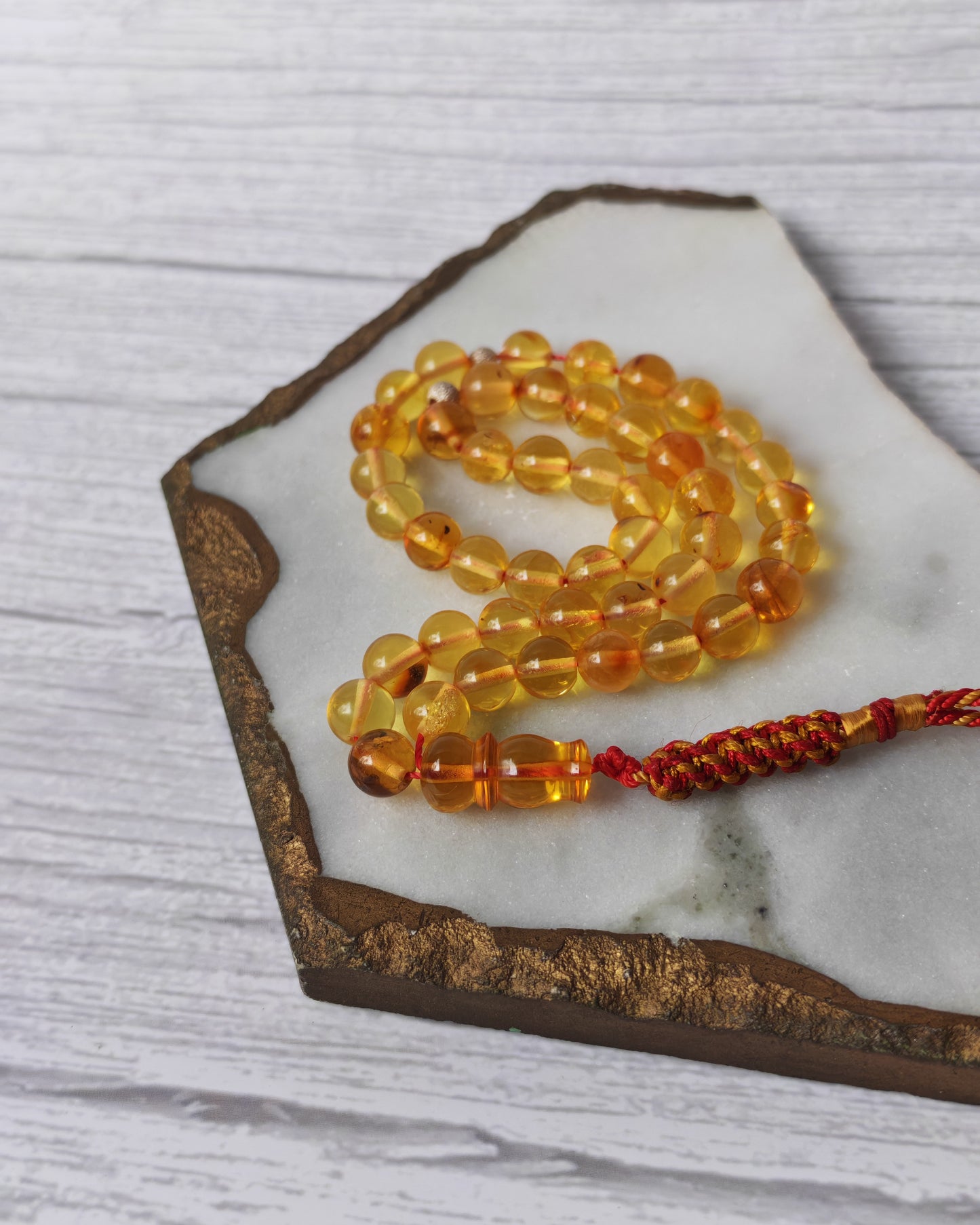 Natural Micro Citron Baltic Amber Rosary | 45 Round Beads | Silver Dividers | 9.5g