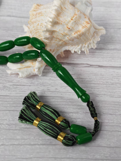 American Bakelite Tasbih – 43 Capsule Beads | Dark Green with Light Veins