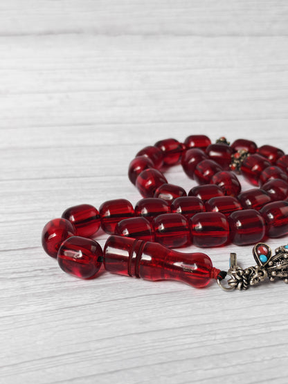 German Bakelite Rosary – 33 Jumbo Barrel Beads | Pomegranate Red Color