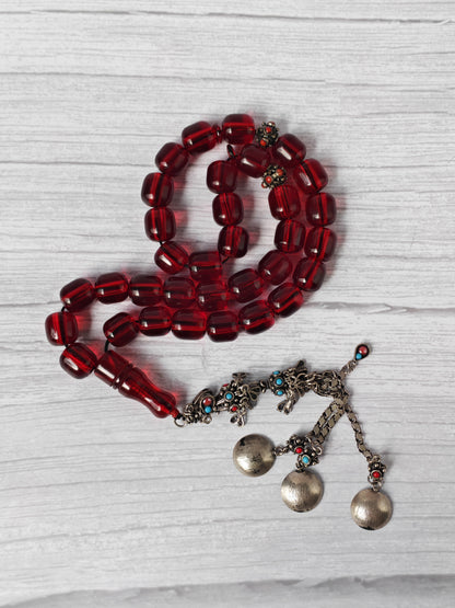 German Bakelite Rosary – 33 Jumbo Barrel Beads | Pomegranate Red Color