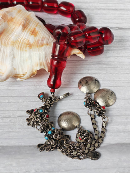 German Bakelite Rosary – 33 Jumbo Barrel Beads | Pomegranate Red Color