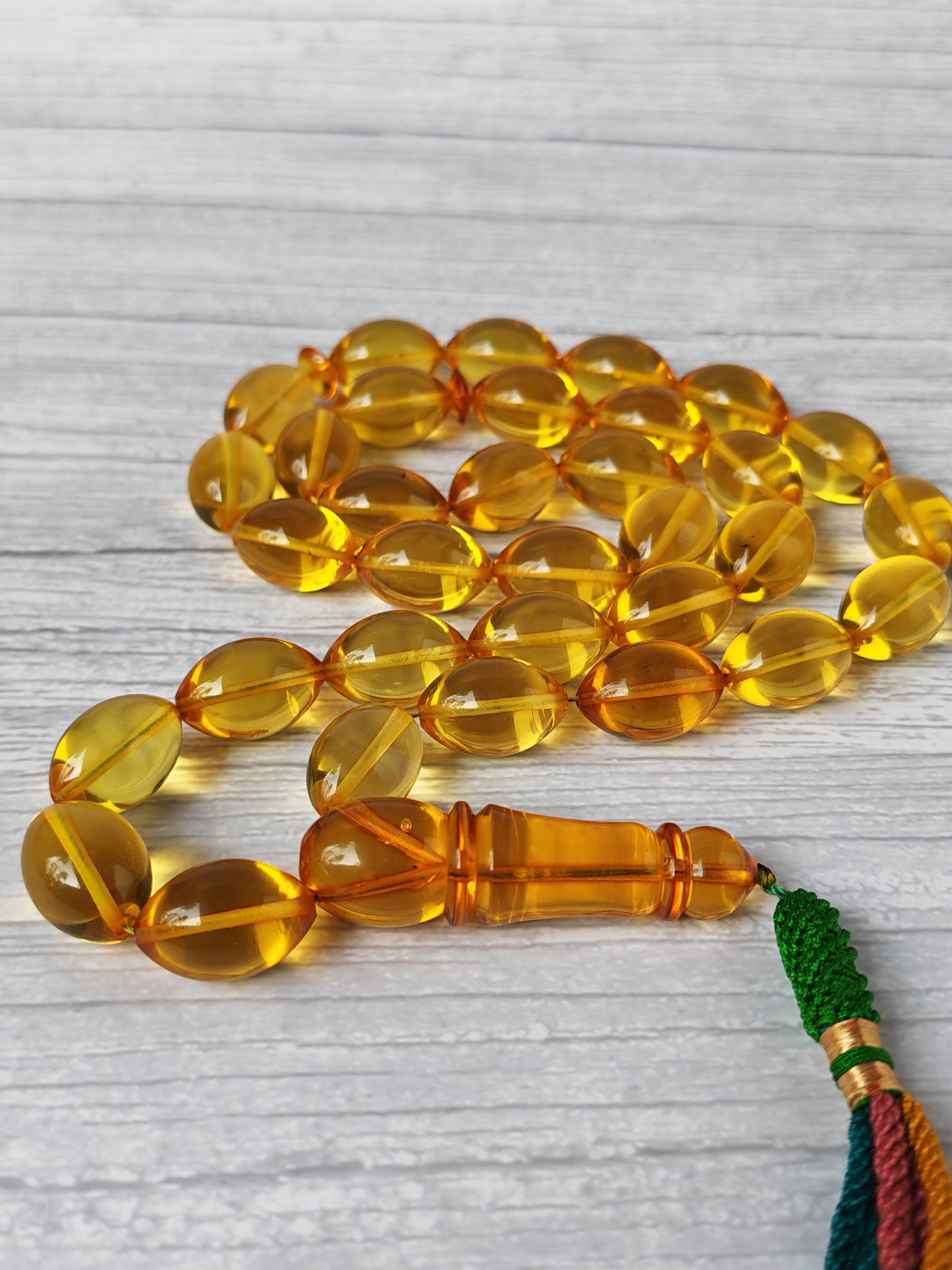 Large Natural Baltic Amber Rosary – 33 Olive Shape Beads | Transparent Citron Color