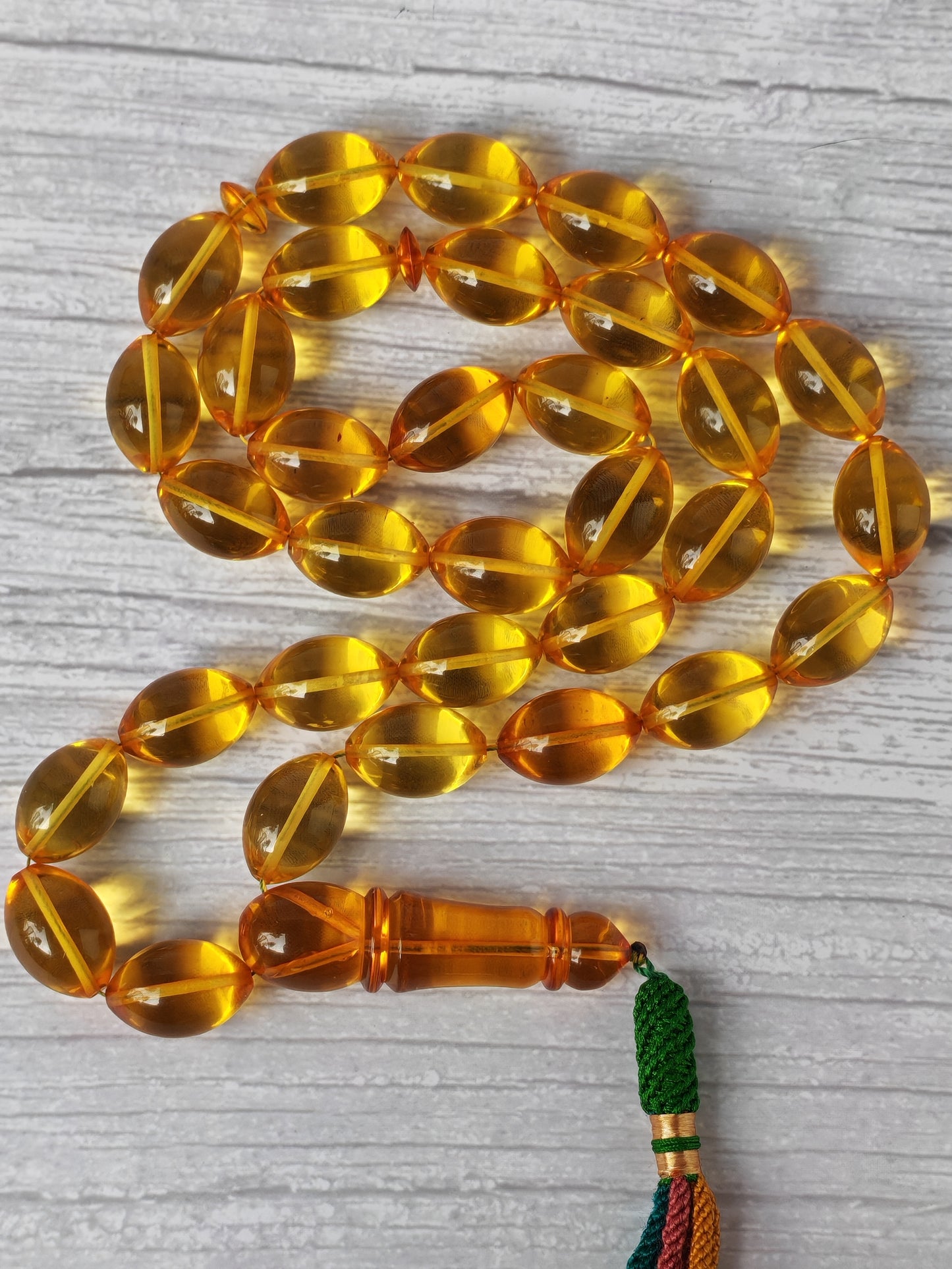 Large Natural Baltic Amber Rosary – 33 Olive Shape Beads | Transparent Citron Color