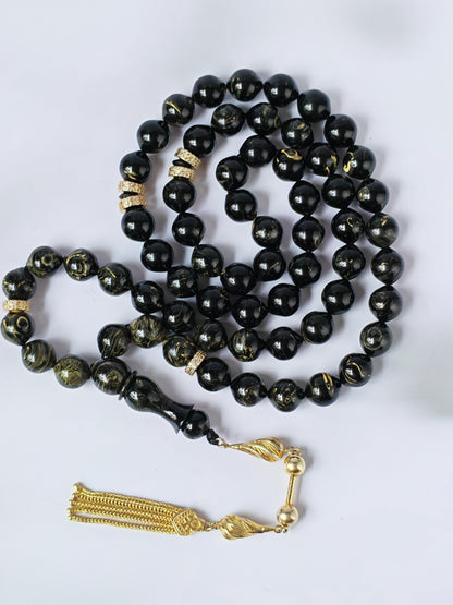 Rare Collectible American Bakelite Tasbih – 63 Istanbul Beads | Black With Aged White Veins