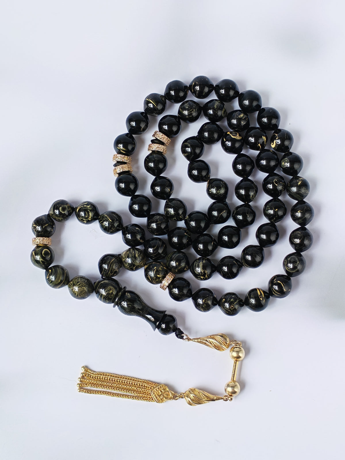 Rare Collectible American Bakelite Tasbih – 63 Istanbul Beads | Black With Aged White Veins