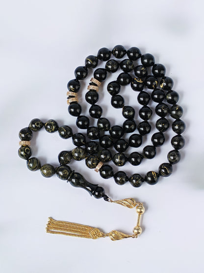 Rare Collectible American Bakelite Tasbih – 63 Istanbul Beads | Black With Aged White Veins