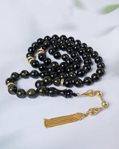 Rare Collectible American Bakelite Tasbih – 63 Istanbul Beads | Black With Aged White Veins