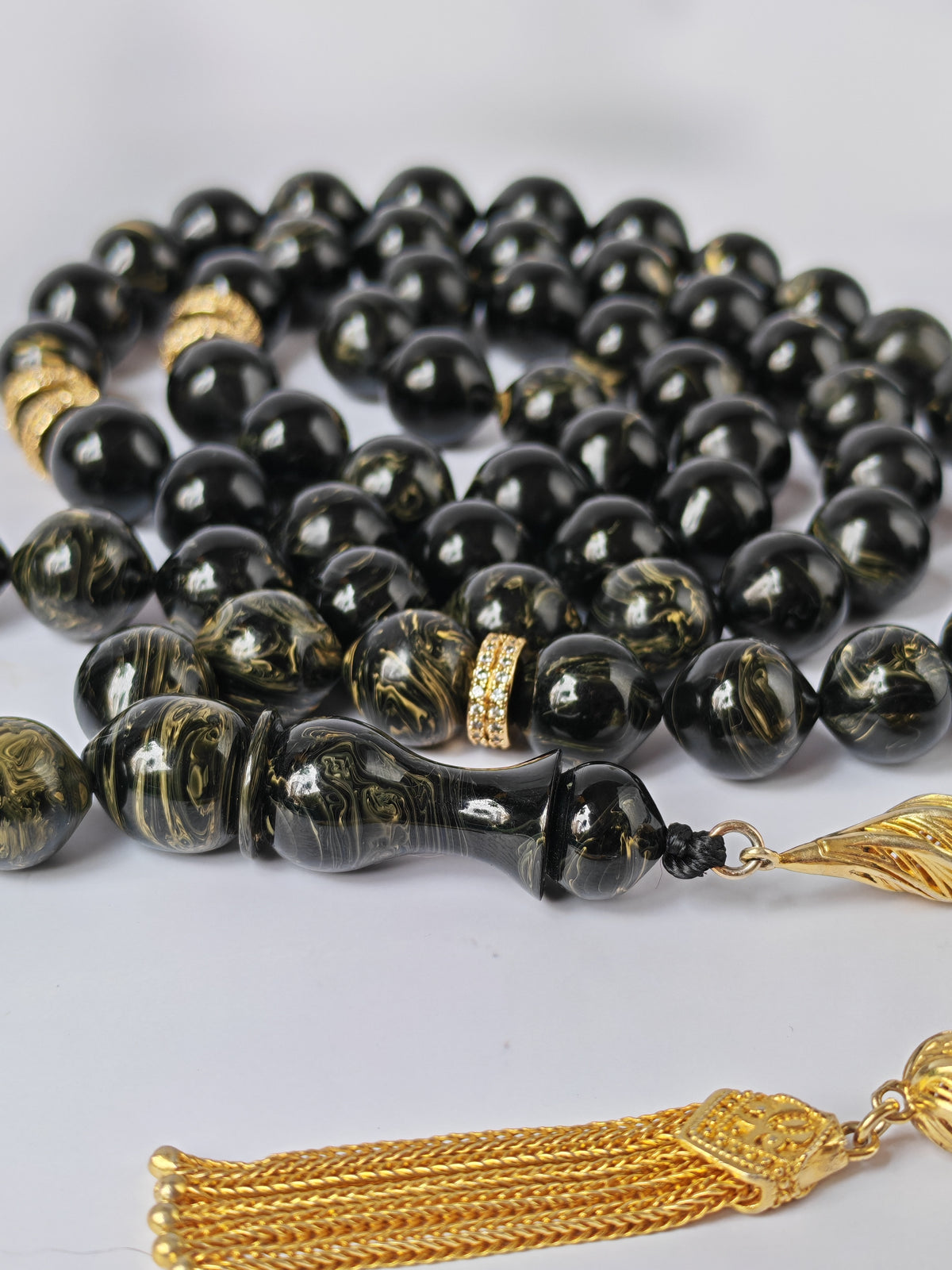 Rare Collectible American Bakelite Tasbih – 63 Istanbul Beads | Black With Aged White Veins
