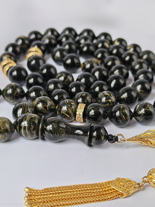 Rare Collectible American Bakelite Tasbih – 63 Istanbul Beads | Black With Aged White Veins