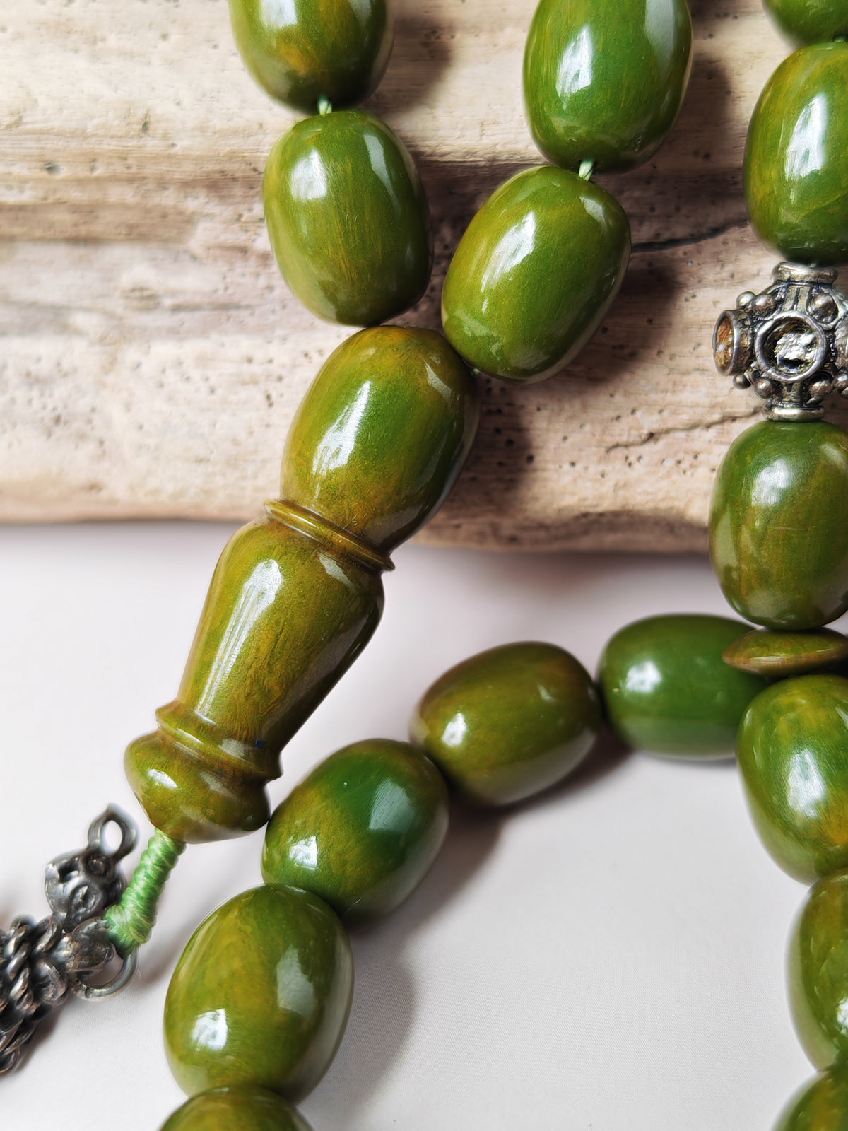 Vintage Green Mango Bakelite Misbah – Barrel Beads, Dark Green Veins, Antique Silver Fringe