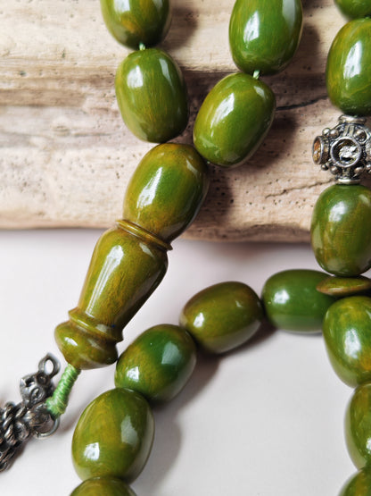 Vintage Green Mango Bakelite Misbah – Barrel Beads, Dark Green Veins, Antique Silver Fringe